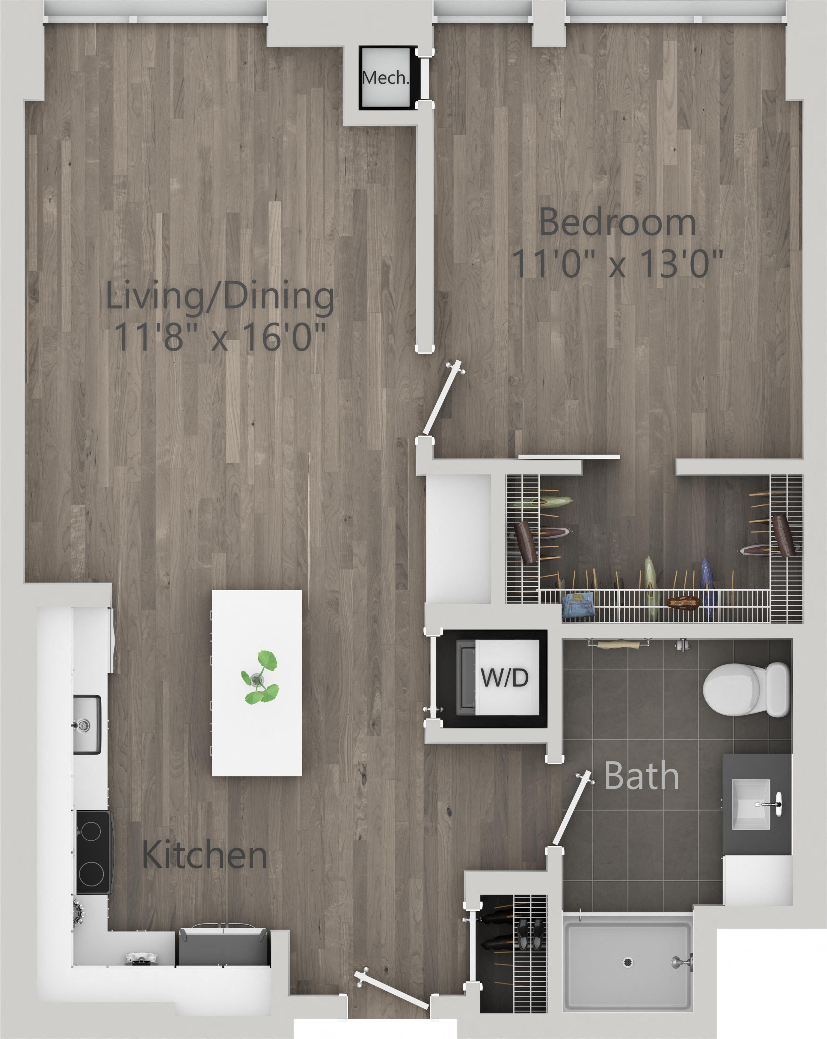 Floor plan for 1 bed, 1 bath, 715 sqft